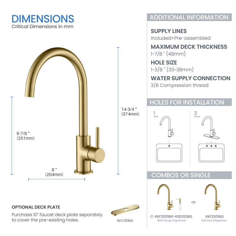 KIBI Lowa Kitchen Faucet, Without Soap Dispenser, Brushed Gold