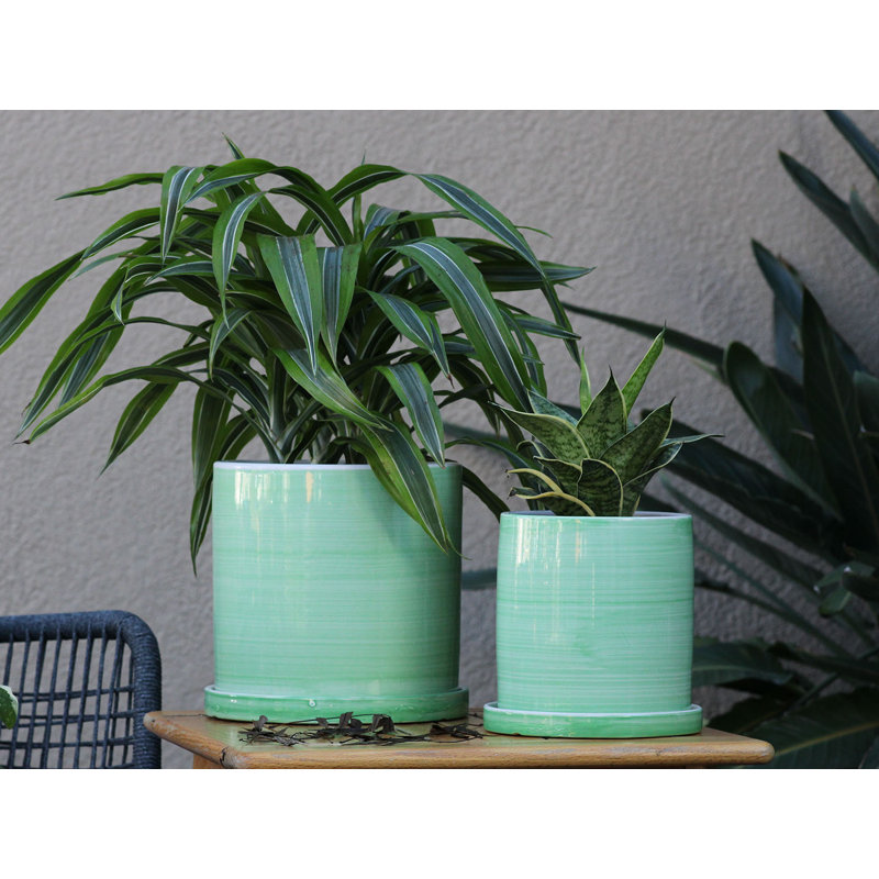 Pot de fleurs cylindrique en céramique émaillée ombrée moyenne (lot de 4) - Intérieur/Extérieur, Vert dégradé