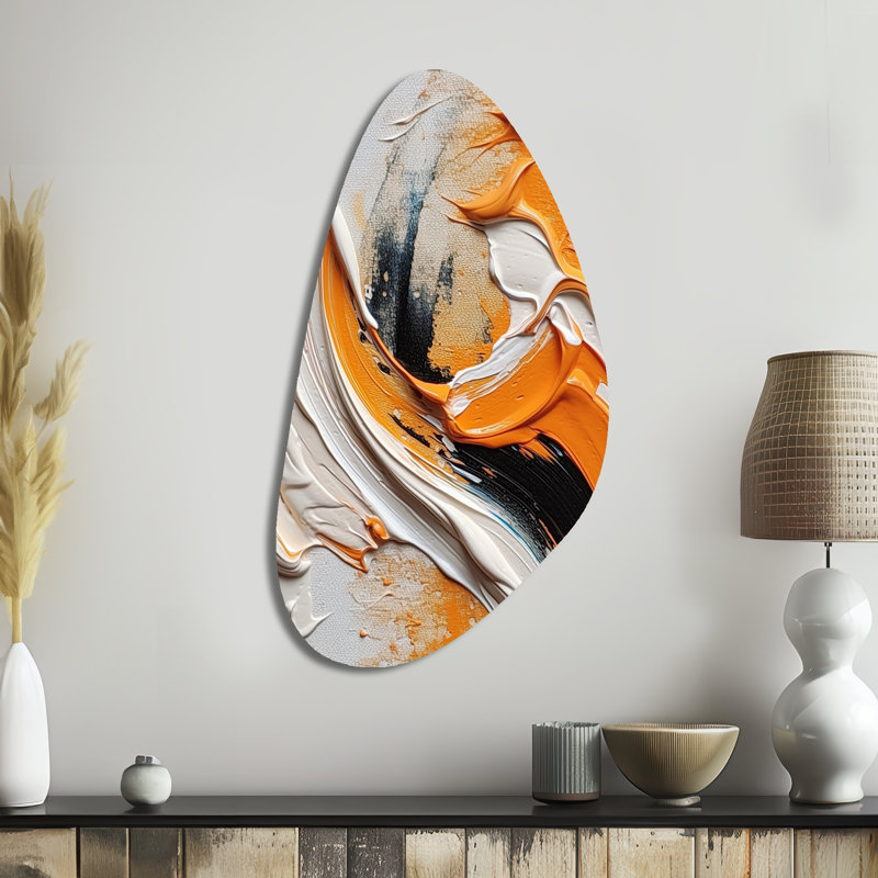 Orange et noir Mystic Spirals IV - Abstract Spirals, art mural asymétrique en métal, reproduction d'art moderne de forme unique