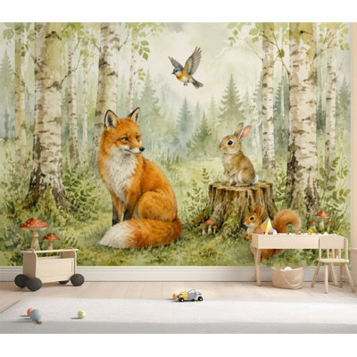 Wall Mural Peel and Stick Wallpaper Fairy Forest Woodland Pine Tree Animal Watercolor Cute Fox Bunny Self-Adhesive Removable Contact Paper Wall Decor for Living Room Bedroom 69"H x 96"W