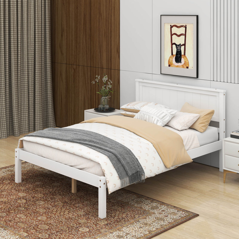 Base de lit plateforme avec tête de lit, Lit double, Blanc
