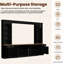 Meuble audio-vidéo rétro noir, meuble télé arqué de 106 po, rangement polyvalent avec armoires et tiroirs, structure de tiroir compatible avec panneaux de particules de 70 po