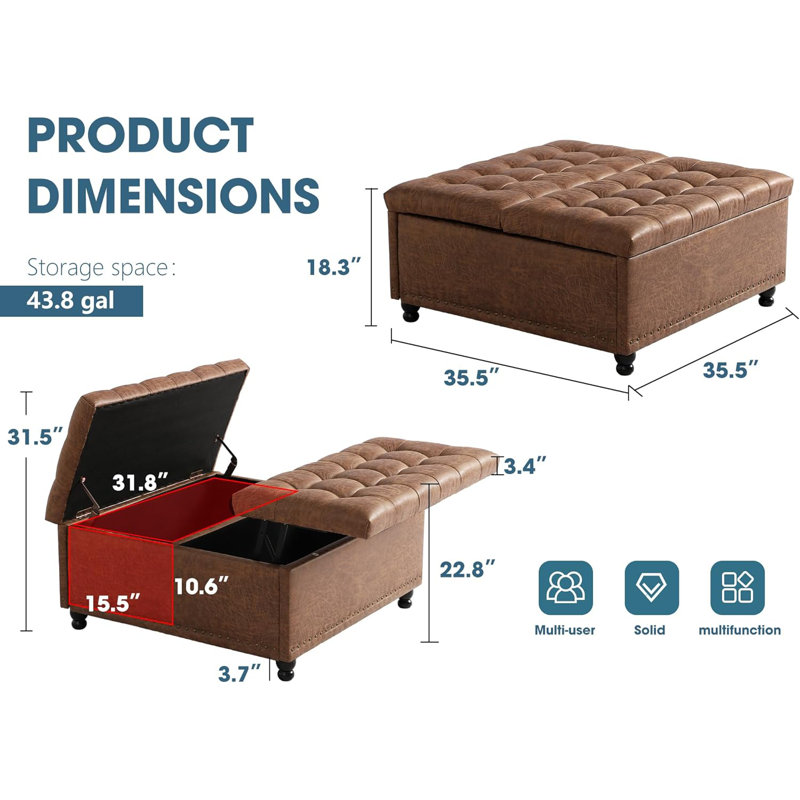 35.5" Square Ottoman Coffee Table with Large Storage, Brown