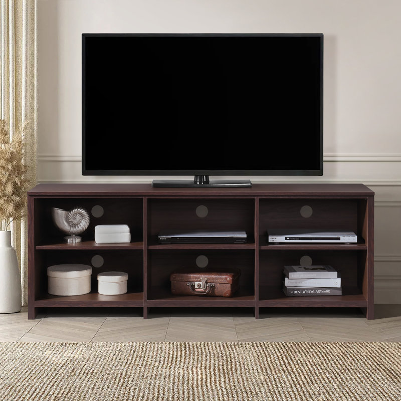 65 In. Wood Oak TV Stand With 6 Storage Shelves Fits TV's Up To 62 In., Brown