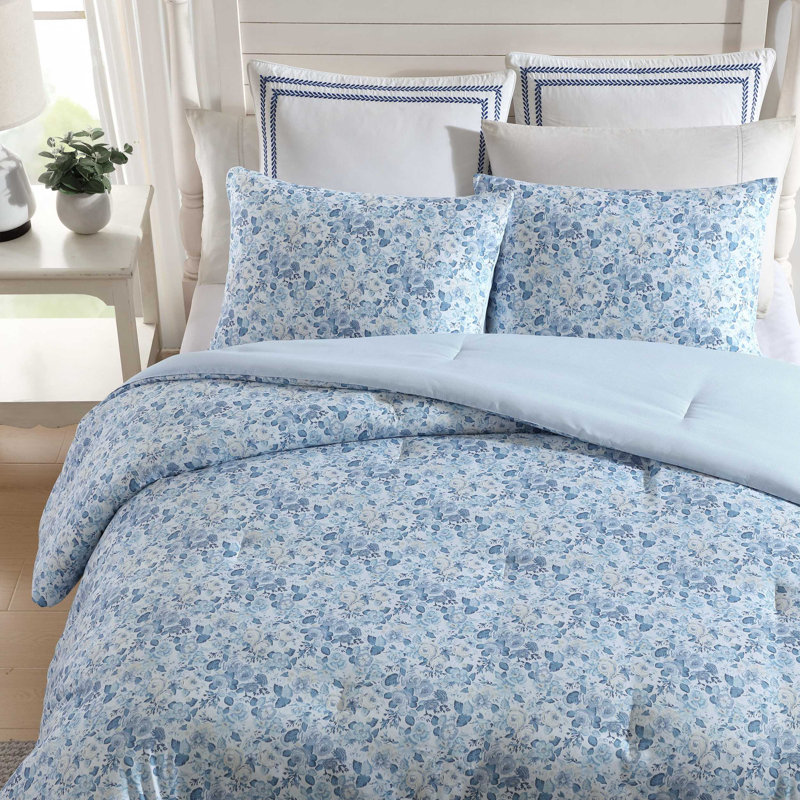 Twin Blue Cotton Reversible Floral Bedding Set