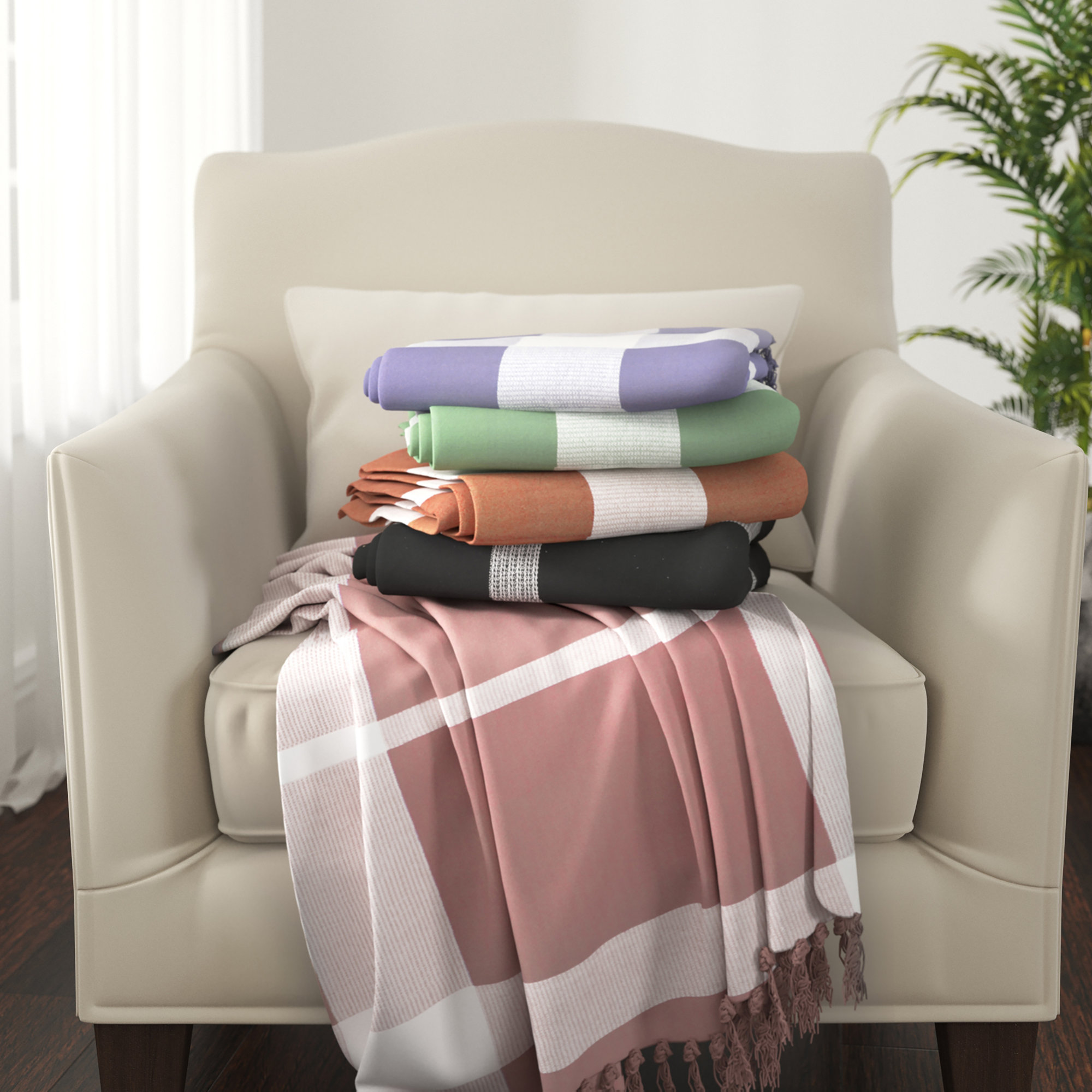  Plaid Cotton Blanket, Light Green