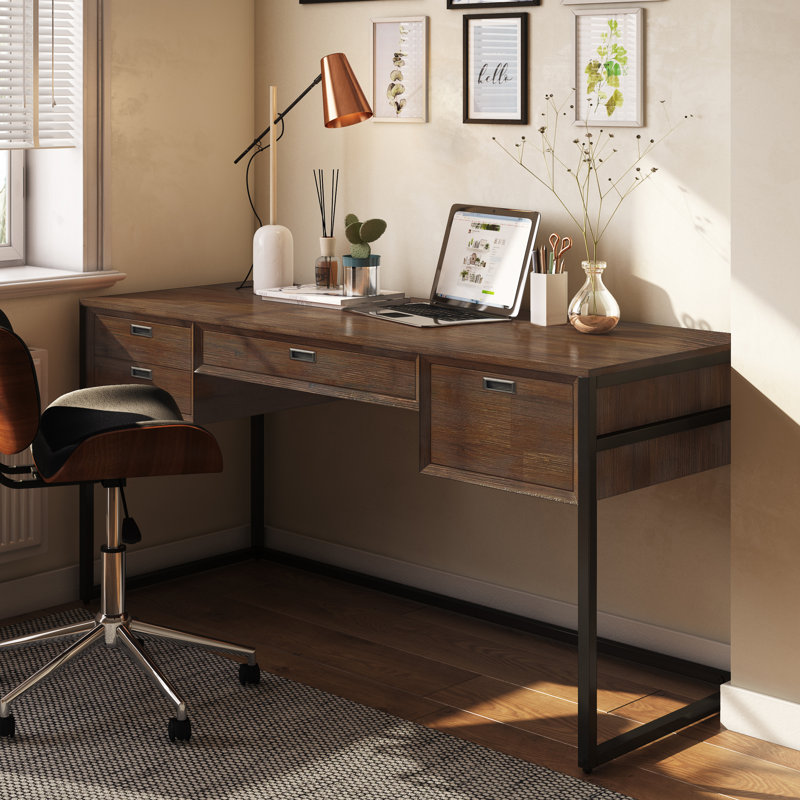 Richmond 60"W Solid Acacia Wood and Metal Modern Industrial Writing Desk with 2 Drawers and Flip-Down Keyboard Tray