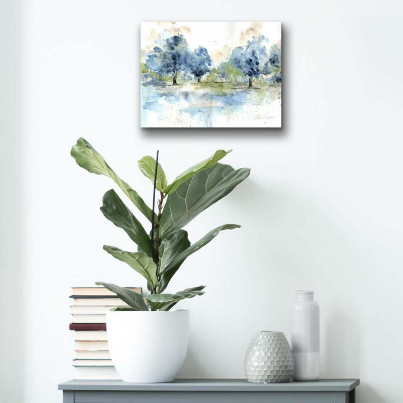 «Washy Blue Landscape A» par Jean Plout, art mural en verre acrylique, H 12 po x l 16 po x P 0,13 po