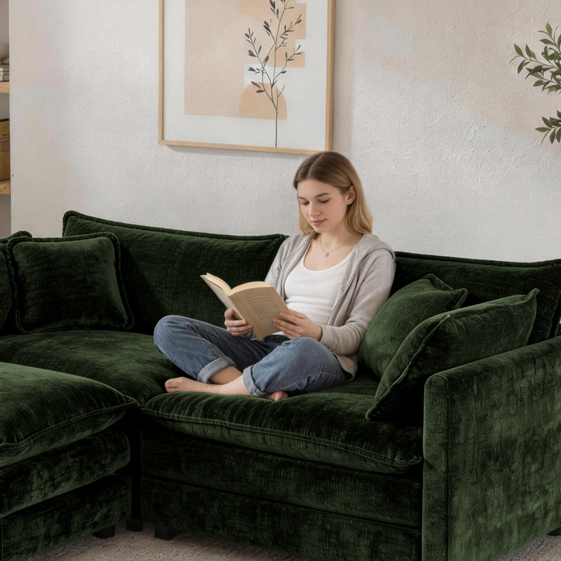 Canapé modulaire 70 po en L chenille 70 po avec repose-pieds pour petits espaces, Chenille verte