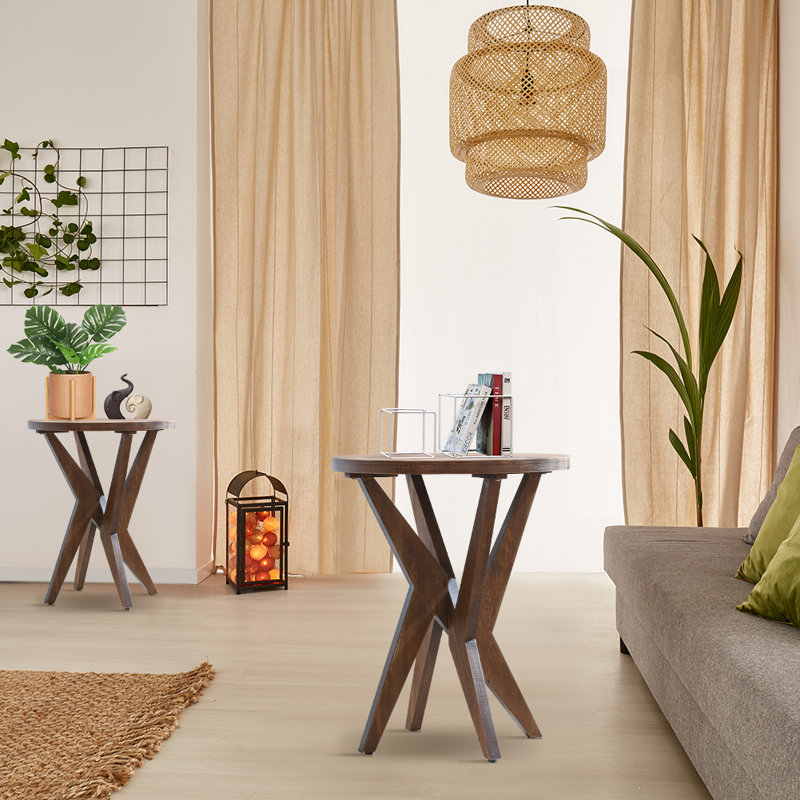 Jahey Solid Wood Crossed Legs Round End Table with Smooth Top and Sturdy Four-Leg Base, Natural Top/Natural Base