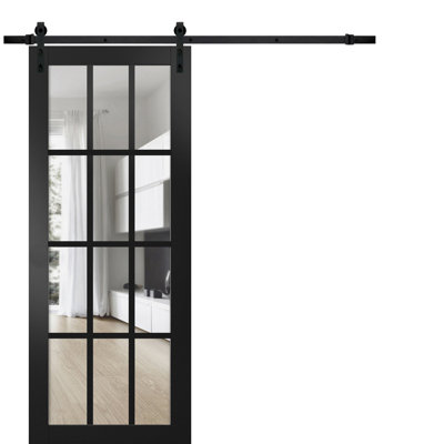Porte de grange robuste Felicia 3355 Noir mat avec vitrage transparent, rail de 2 m, quincaillerie renforcée, panneaux intérieurs pleins - 45,7 cm x 203,2 cm - Rail noir