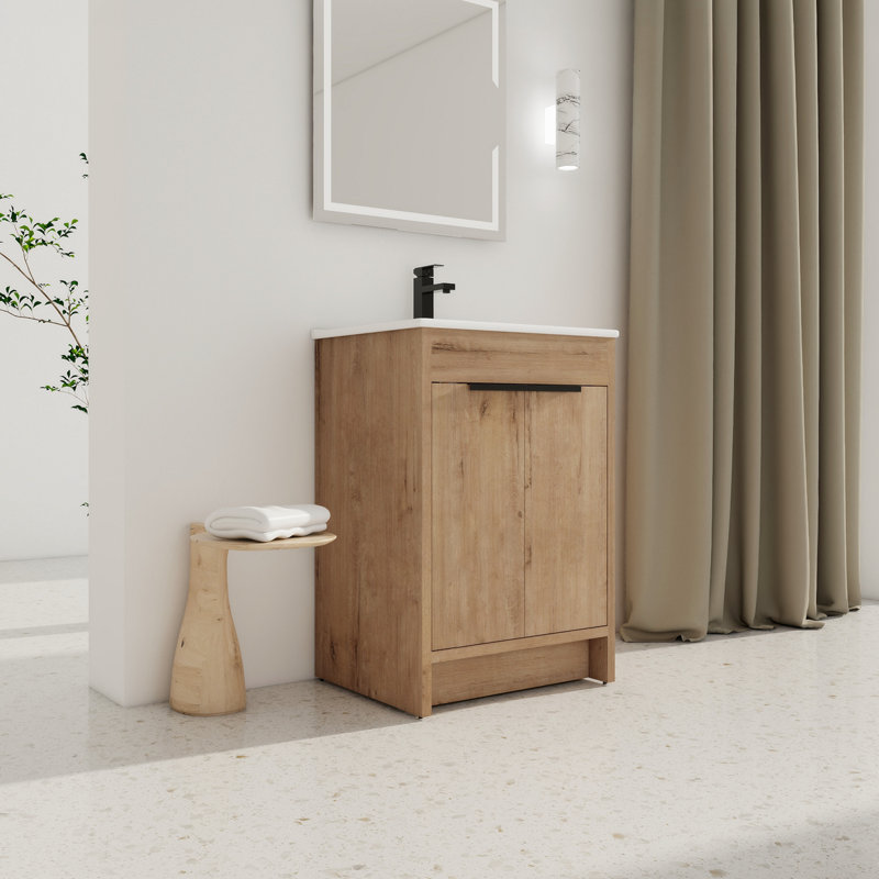 24.09'' Single Bathroom Vanity with Ceramic Top, Oak, White
