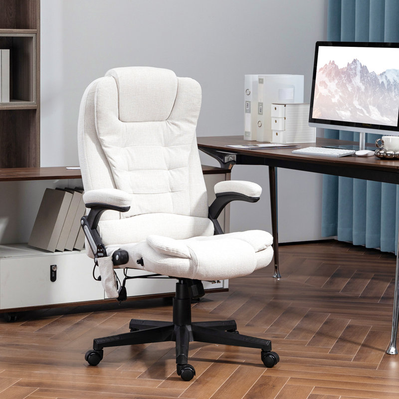 Fauteuil de bureau vibrant blanc crème à 6 points, avec dossier chauffant, dossier haut inclinable, accoudoirs rembourrés et télécommande