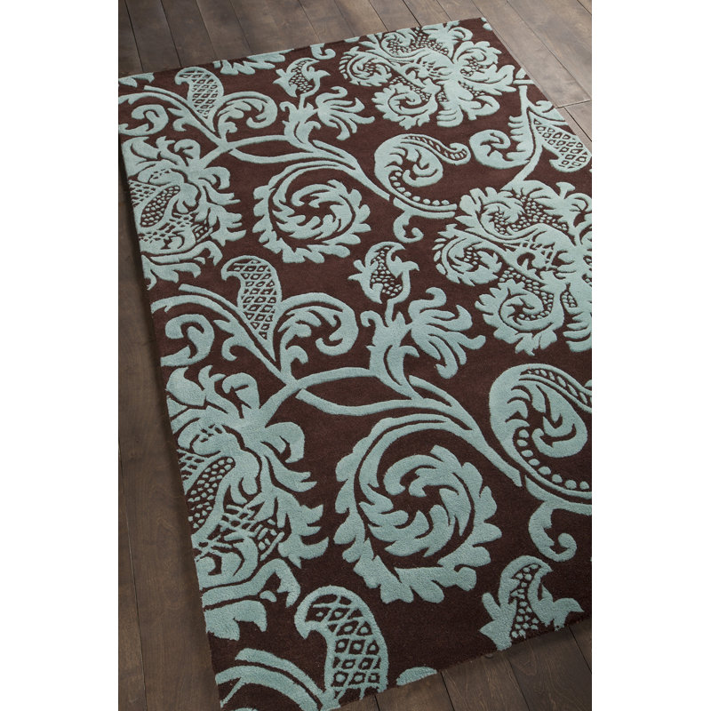 Hand Tufted Wool Floral Area Rug in Brown/Aqua, Rectangle 7'9" x 10'6"