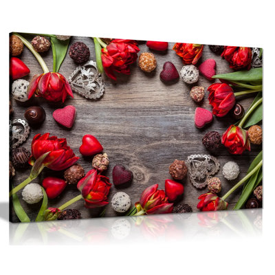 Rustic Red Flowers And Chocolate On Wood - Wrapped Canvas Print