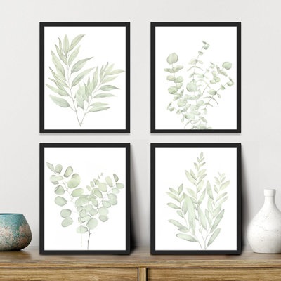 «Minimal Botanical» IDÉE4WALL, art mural vert pastel aquarelle encadré, ensemble de 4 impressions murales nature sauvage, décoration florale botanique pour salon, chambre à coucher, impression encadrée de 4 pièces
