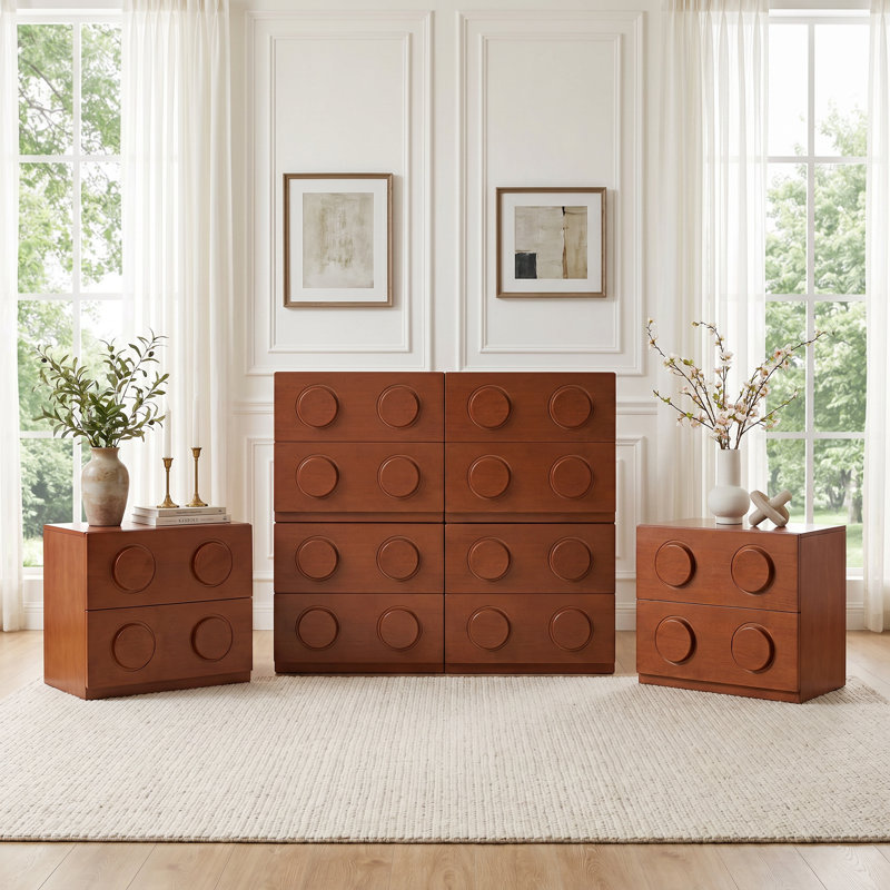 22.8"W MCM Solid Wood Nightstand with 2 Drawers-Single, Brown, Round Handle, Individual