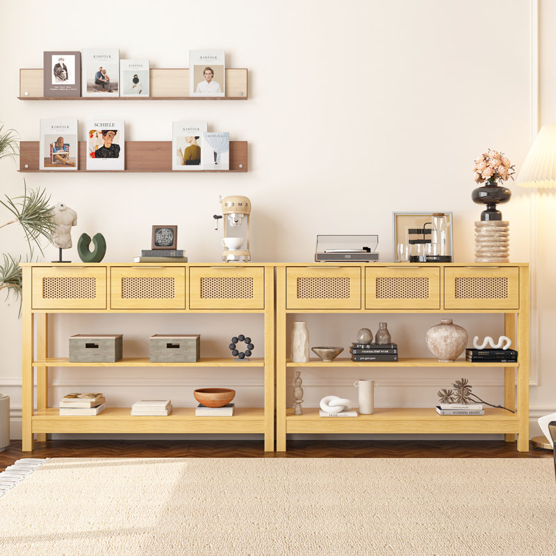 86.6'' Console Table set of 2, Natural Wood