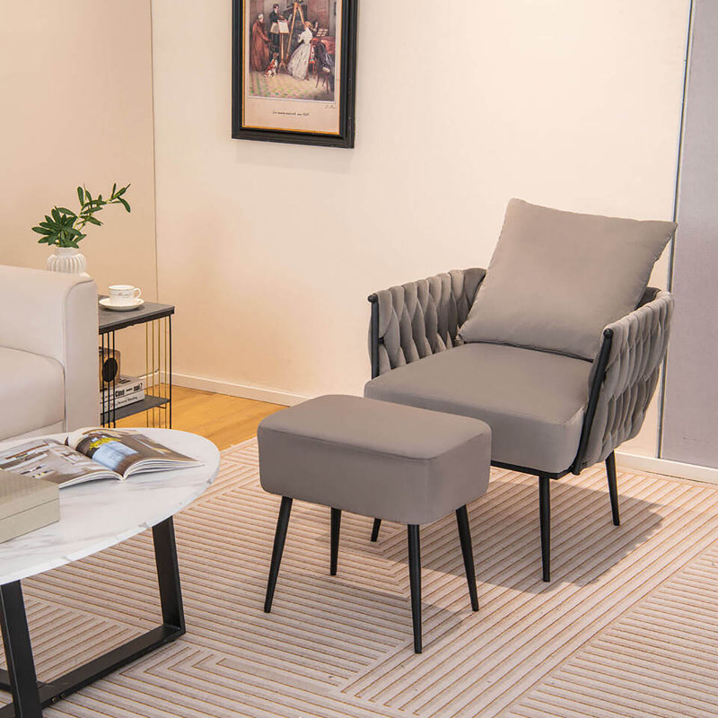 Itamar Velvet Accent Chair with Ottoman, Gray Velvet