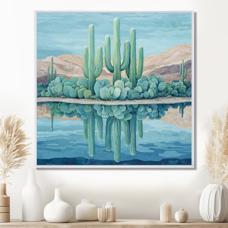 Marelya cactus et l'oasis du désert I - art mural cactus, Impression encadrée flottante, H 30 po x l 30 po, Blanc