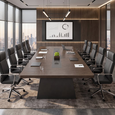 Table de conférence pour 10 personnes, grande table de réunion avec plateau de 5 cm d'épaisseur, 2 postes de recharge à couvercle coulissant, prises de courant et ports USB intégrés, piètement robuste, finition noyer