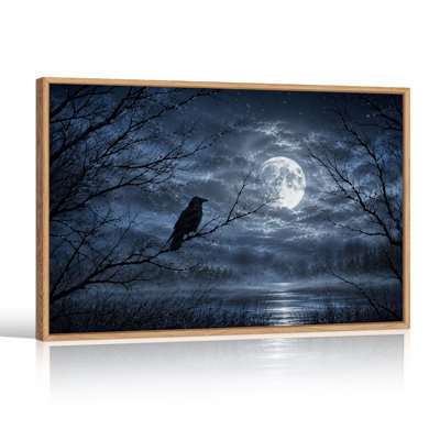 Pleine lune sur un lac brumeux avec un corbeau noir sur toile d'Halloween