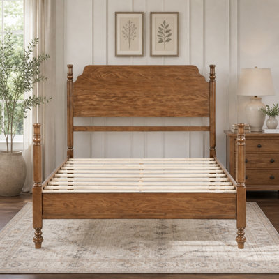 Cadre de lit double pleine grandeur, cadre de lit en bois avec tête de lit, lit à poteau en bois traditionnel, lit plateforme rétro, aucun sommier requis, assemblage facile, noyer clair