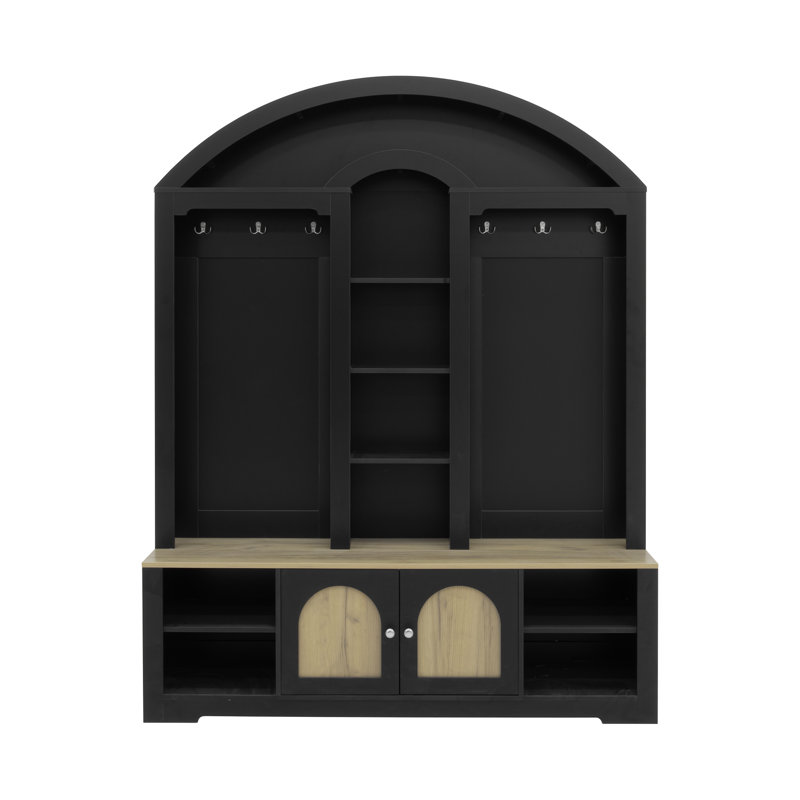 Hall Tree With Shoe Racks And Storage Bench, Black