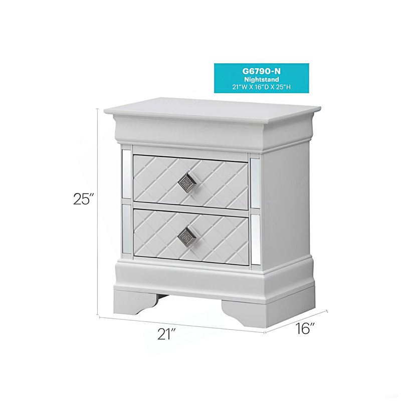 Bedroom Side Table, 2 Drawer Nightstand, White