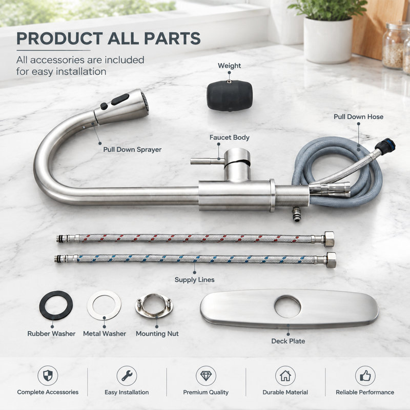 Robinet de cuisine en nickel brossé avec douchette extractible, robinet d'évier de cuisine en acier inoxydable SUS 304 à col de cygne, pivotant à 360°, douchette à 2 modes, compatible avec les installations à 1 ou 3 trous.
