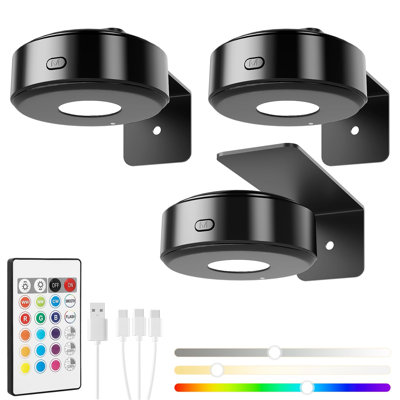 Lampe photo rechargeable RVB, applique murale sans fil 3 pièces pour œuvres d'art, télécommande à intensité variable, finition noire