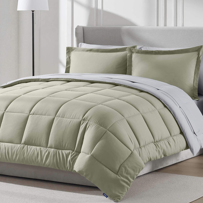 Bed-in-A-Bag Reversible Comforter Set with Bed Sheets & Memory Foam Cooling Pillows, Light Sage