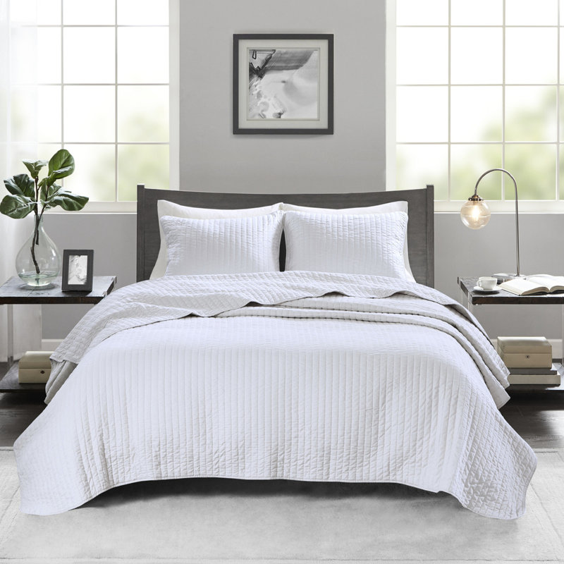 Courtepointe double / grand blanc - 3 pièces, en microfibre réversible et en coton, prévient les odeurs avec le traitement, rembourrage en coton lavable, tissu, pour une chambre à coucher impeccable