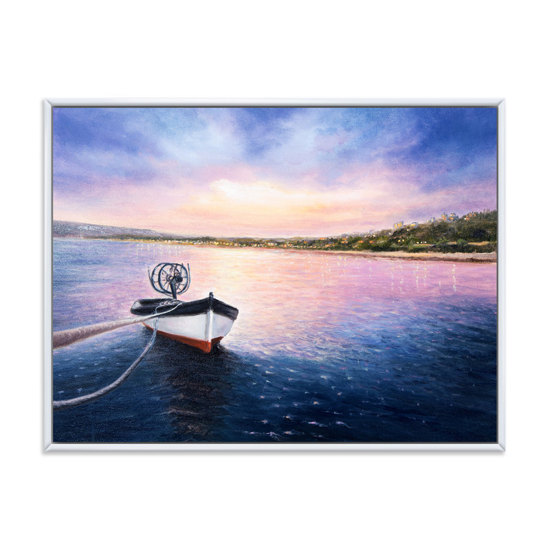 Bateau de pêche par le rivage pendant un coucher de soleil vibrant - peinture sur toile, H 12 po x l 20 po x p 1 po