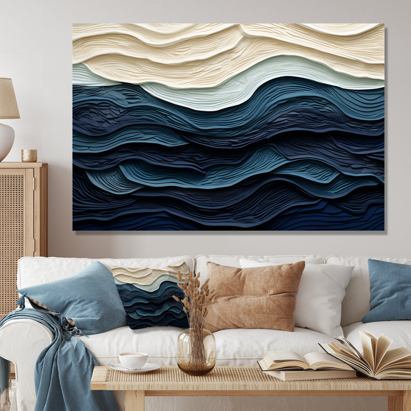 «Blue and White Coastal Waves», impression murale abstraite sur toile côtière, Sans cadre, H 40 po x l 60 po, Toile tendue