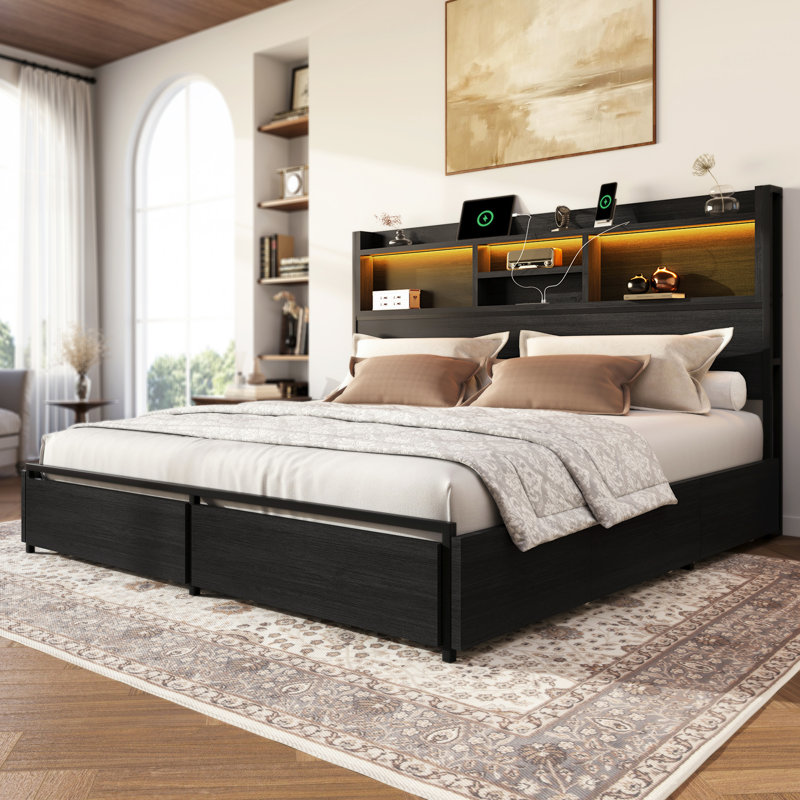 King Bed With 6 Storage Drawers, Platform Bed With Bookcase Headboard&led Light, Black, Black, King
