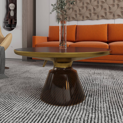 30" Round Coffee Table Glass/Sintered Stone Top With Brushed Gold Rim And Tempered Glass Base by LeisureMod