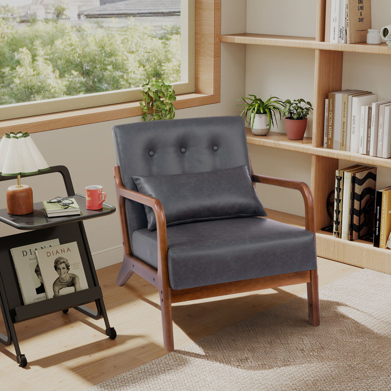 Walthill 63 cm Modern Scandinavian Solid Wood Armchair,  Faux Leather, Grey