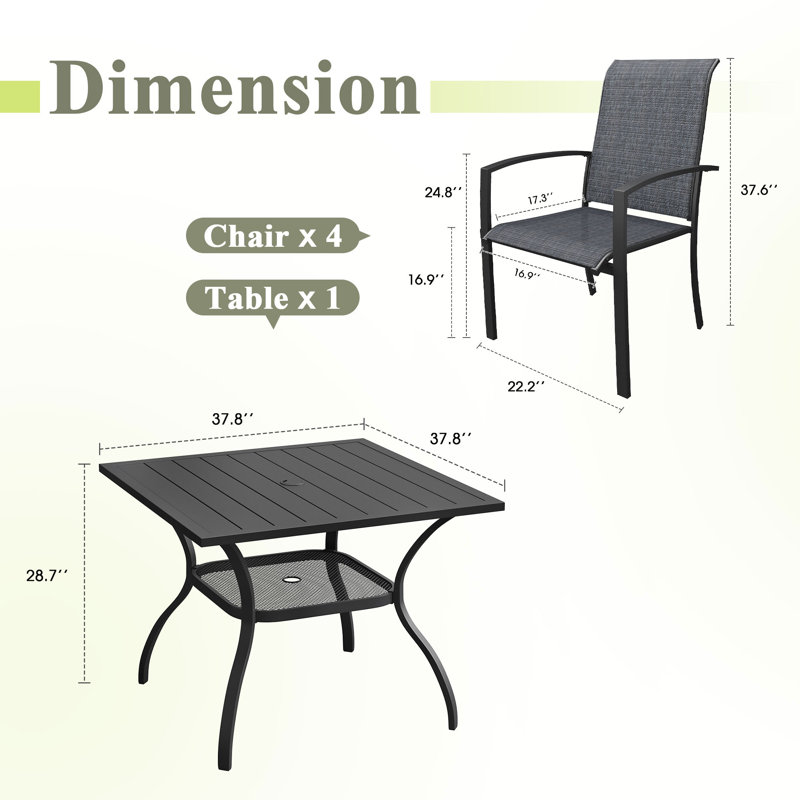 4-Person Square Patio Dining Set With Stackable Textilene Chairs, Black/Black