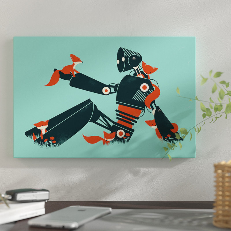 «Foxes And Robot» par Jay Fleck - reproduction sur toile tendue, H 8 po x l 12 po x P 0,75 po, Pas de tapis, Toile tendue