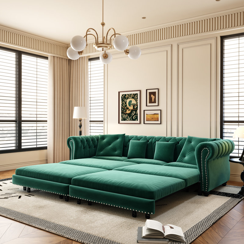 Canapé-lit polyvalent convertible en velours 3 en 1, très grand avec repose-pieds mobile, conception capitonnée pour la vie moderne