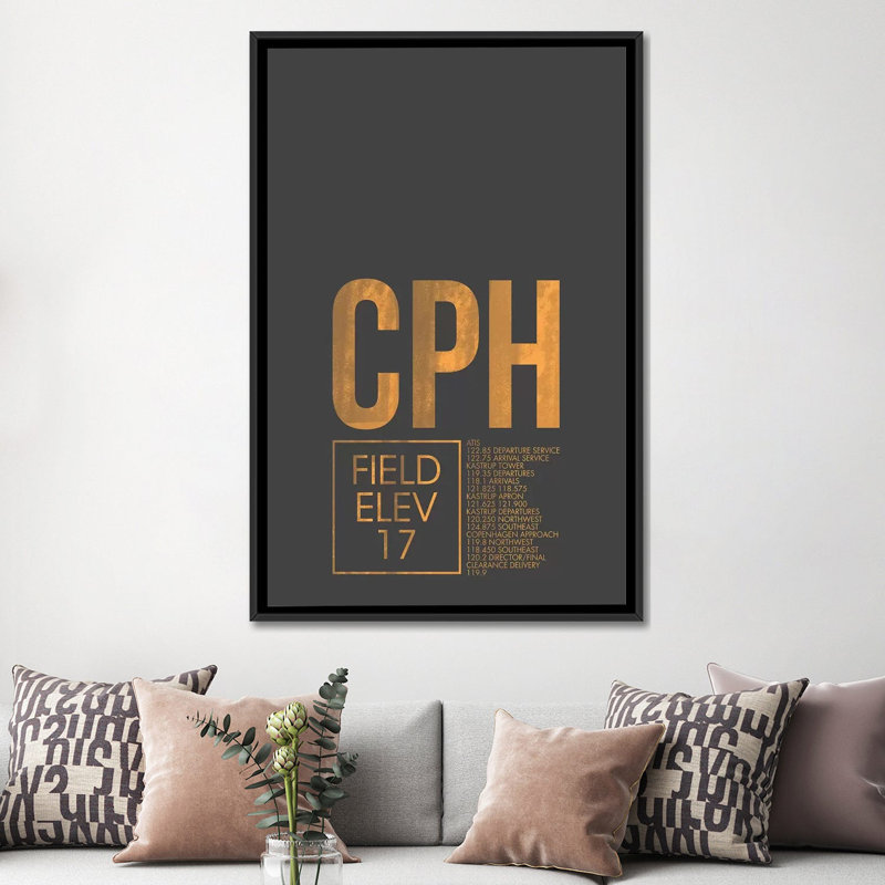 « copenhague », art textuel sur toile air control series, H 26 po x l 18 po x P 1,5 po, Toile avec cadre noir, Pas de tapis