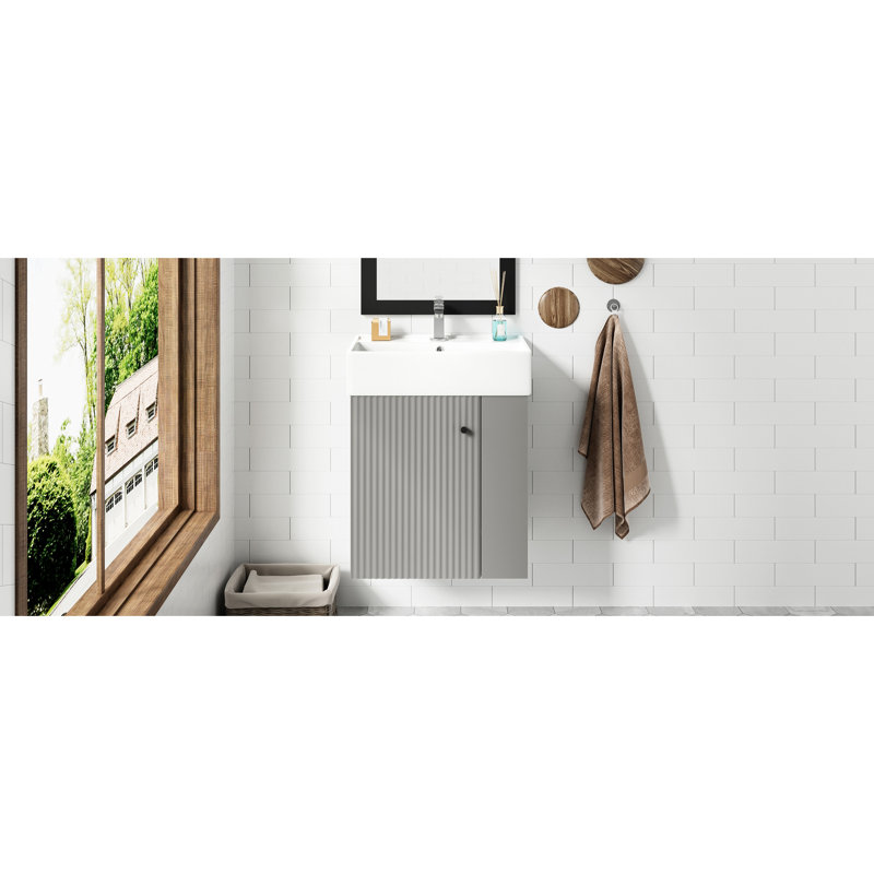Armoire de salle de bain flottante 21,6 pouces avec lavabo en céramique Boville, trou de trop-plein, rangement sur le côté droit, tablettes ouvertes pour meuble-lavabo gris, portes simples à fermeture en douceur pour une utilisation silencieuse