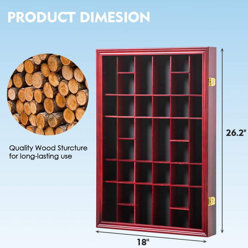 36 Slots Shot Glass Display Case With Lockable Door, Solid Wood Cabinet Collection Holder Wall Mounted Shot Glass Display Storage Box With Removable Shelves
