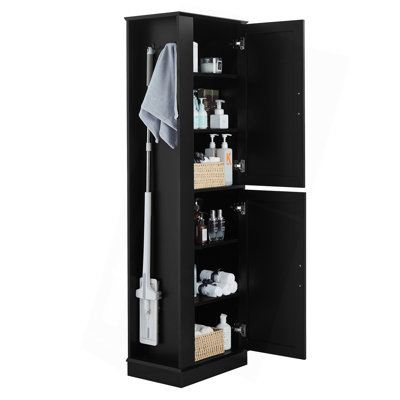 Grande armoire de rangement pour salle de bain, armoire de rangement autoportante avec crochet et tablette réglable, panneau de fibres à densité moyenne, noir