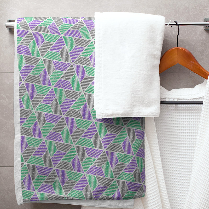 Serviette de bain trapézoïde, Vert / Mauve / Gris
