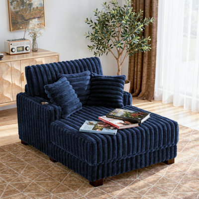 Upholstered Navy Faux Fur Chaise Lounge Sofa Bed Couch with Cup Holder and Throw Pillows