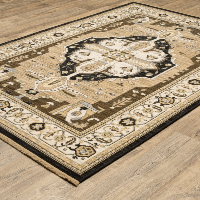 Tenneille Vintage Center Medallion Tan/ Black Wool Blend Area Rug, Rectangle 7'10" x 10'10"