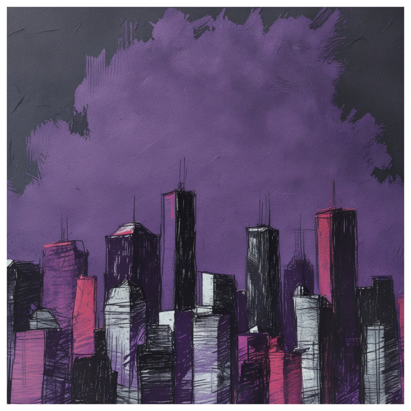 Purple City Skyline Wall Tapestry - Skyscrapers Wall Decor, 104in H x88 with 4 Grommets