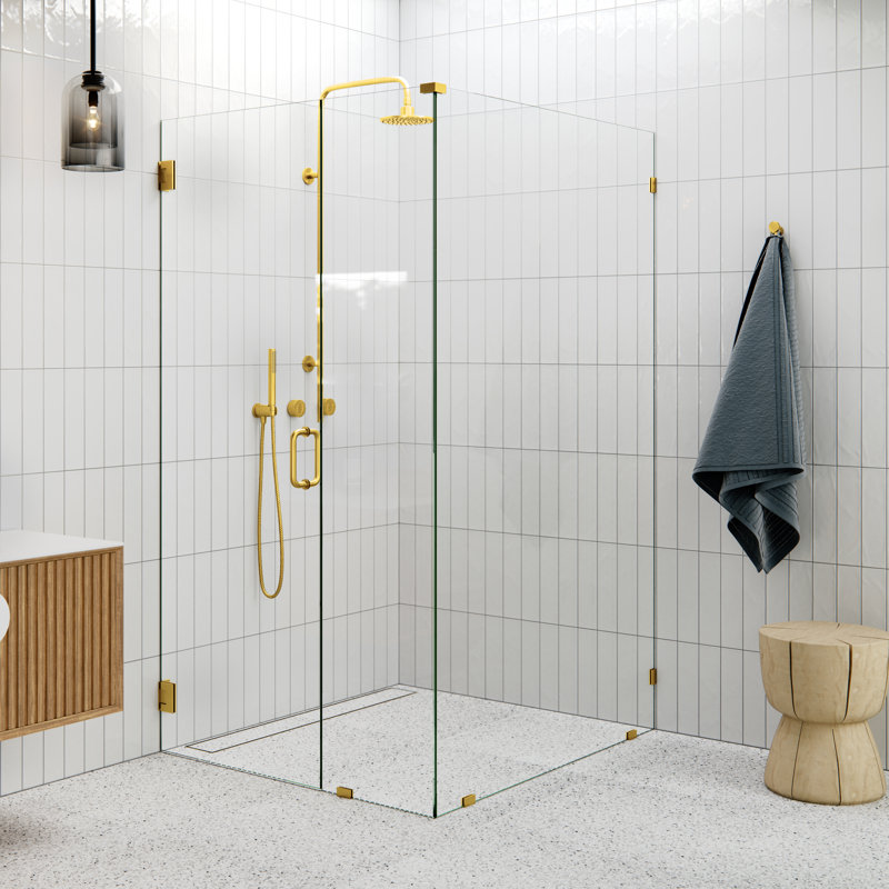 78" H Pivot Frameless Shower Door, Satin Brass